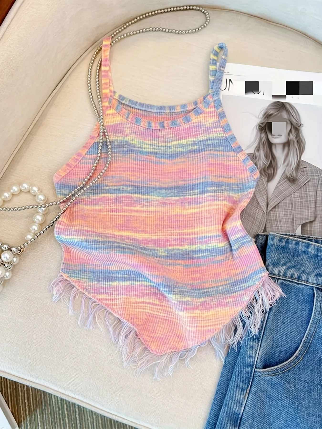 2024 Summer Tie Dye Tassel Spaghetti Strap Top Cute Hanky Hem Sleeveless Cami Top For Summer  Women\'s Clothing Crop Top Pink