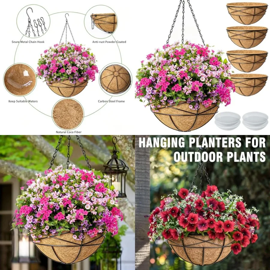 

4 Pack Hanging Baskets for Plants Outdoor Large Flower Planters with Coco Liner for Outside Panting Watering Plant Pot Holder f