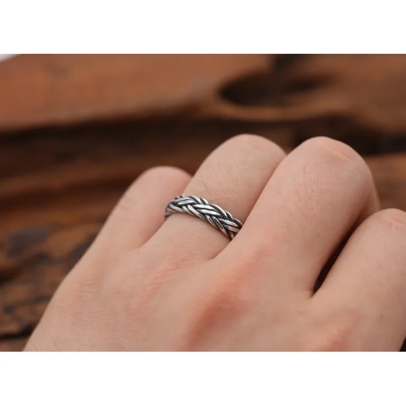 Bague en argent regardé S925 pour femme, ornement en argent thaïlandais vintage, simple, ULde chanvre tissée, rotin, bague pinky ouverte pour femme, vente en gros