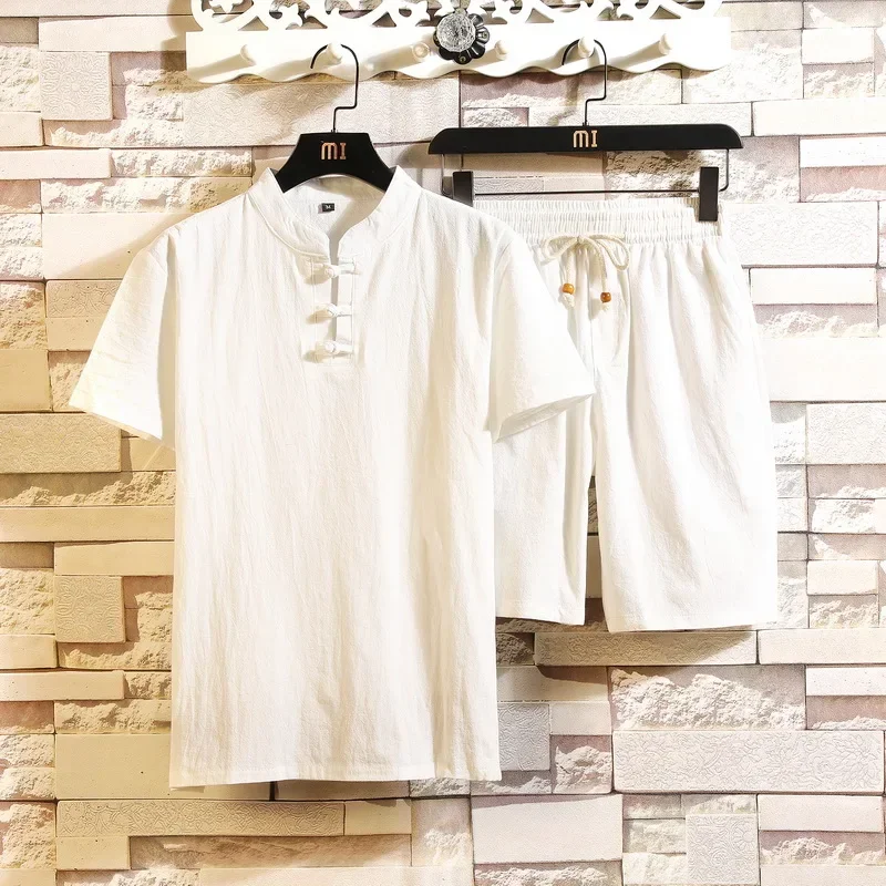 

Spring/Summer Cotton and Linen Short Sleeve T-shirt+Shorts 2PCS Men's Set Two Pieces Solid Casual Men Suits Homewear Male TZ7006