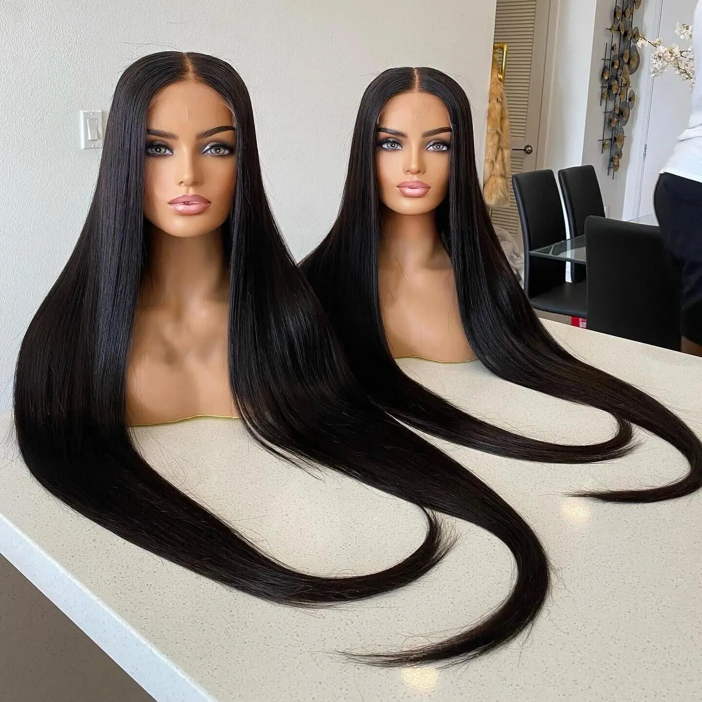 Natural Black Straight Glueless Long 28Inch 5x5 Silk Base Jewish Human Hair Wig Baby Hair HD Lace European Hair Preplucked