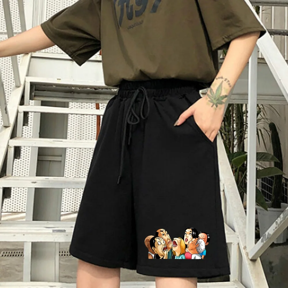 Women's Fashion Shorts Student Sweet Fashion Loose Belt Cropped Trousers Cute Cartoon Printing Casual Sports Loose Shorts