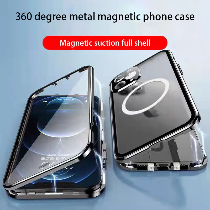 

360 Full Protection Double Sided Glass Magnetic Phone Case For iPhone 15 14 13 12 Pro Max 15 Plus Metal Bumper Protection Cover