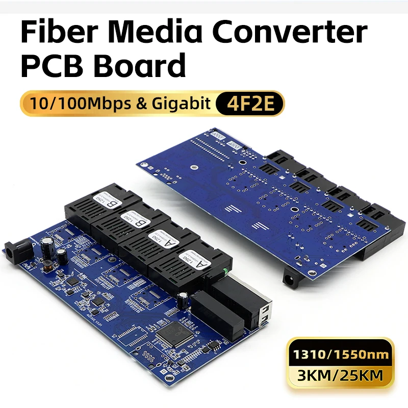 BYXGD 4F2E 10/100/1000Mbps Fiber Media Converter PCB 4SC to 2RJ45 3KM/25KM Ethernet Switch for CCTV FTTH Industrial Automation
