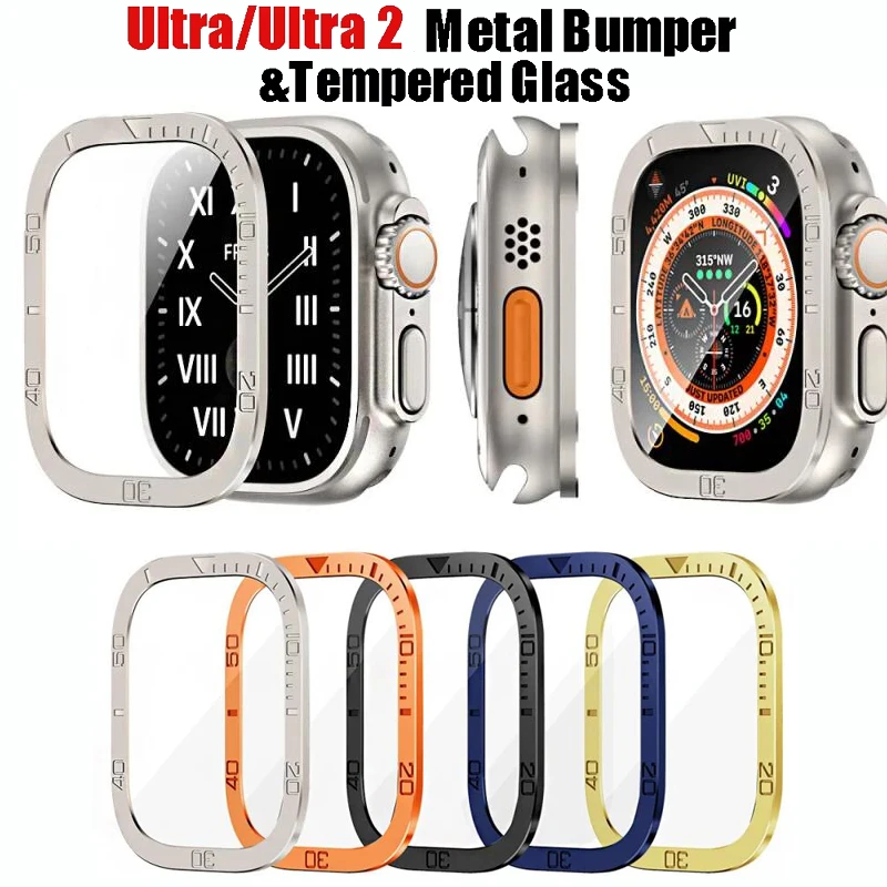 Metal Cover Frame+Tempered Glass Film For Apple Watch Ultra 49mm Screen Protectors Film For iWatch Ultra 2 49mm Film Accessories