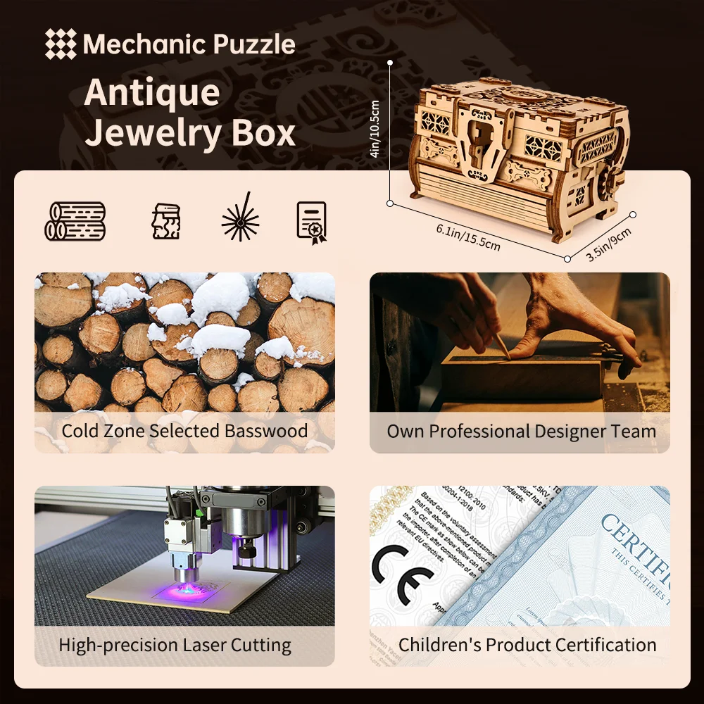 3D Puzzles de Madeira para Senhoras e Meninas, DIY Antique Jewelry Box, Craft Kit Model, Education Puzzle Brinquedos, Decoração, Presentes de Aniversário, Bonito