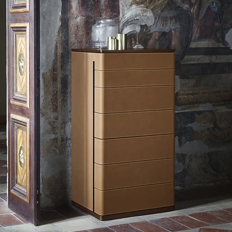 

Italian chest, saddle leather, simple modern light luxury storage cabinet, living room locker, minimalist solid wood six buckets