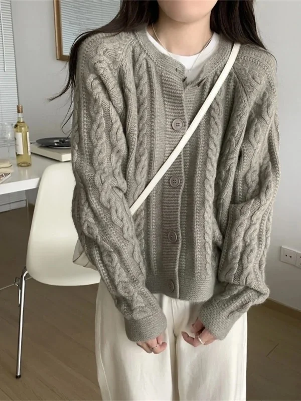 

Вязаный свитер-кардиган с узором косы, однотонный, с круглым вырезом, осенне-зимний, в корейском стиле, женский, свободного кроя, пуловер