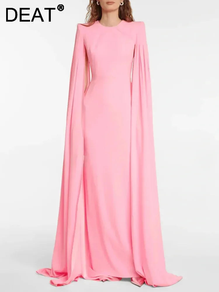 DEAT Elegant Dress O-neck Shoulder Padded Split Long Sleeve Pink Women Customized Evening Dress 2024 Autumn New Fashion 13DB3335