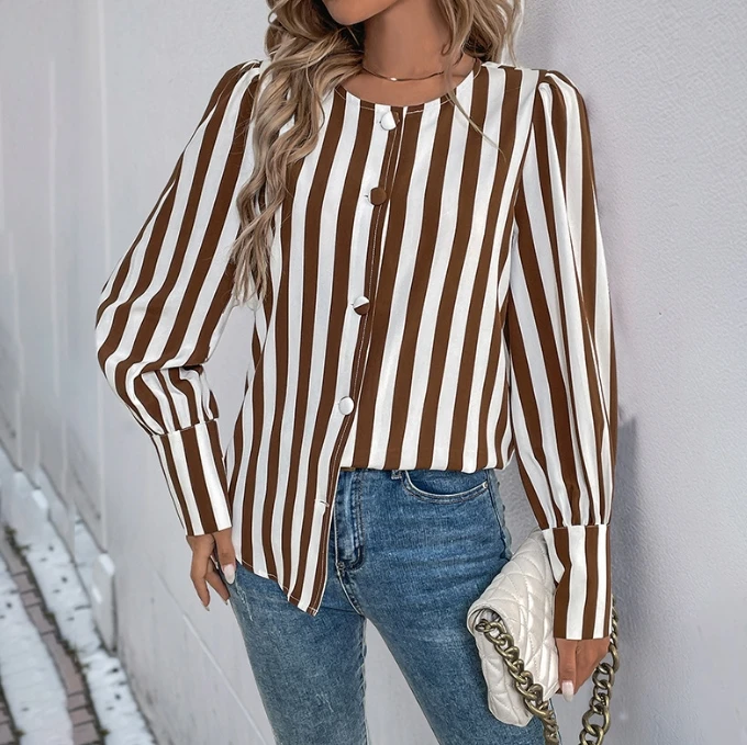 Y2K Casual Women's Shirt Autumn Brown Stripe Contrasting Fashion Round Neck Pullover Button Up Long Puff Sleeves Loose Pullover