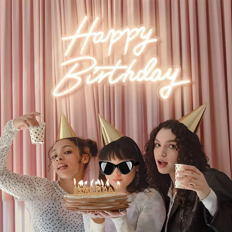 Lumière décorative au néon joyeux anniversaire rose/blanc froid/blanc chaud, adaptée aux fêtes de restaurants, décorations de vacances et rapports de fête, surprises de chambre à coucher, réunions de salon et essentiels pour les accessoires photo