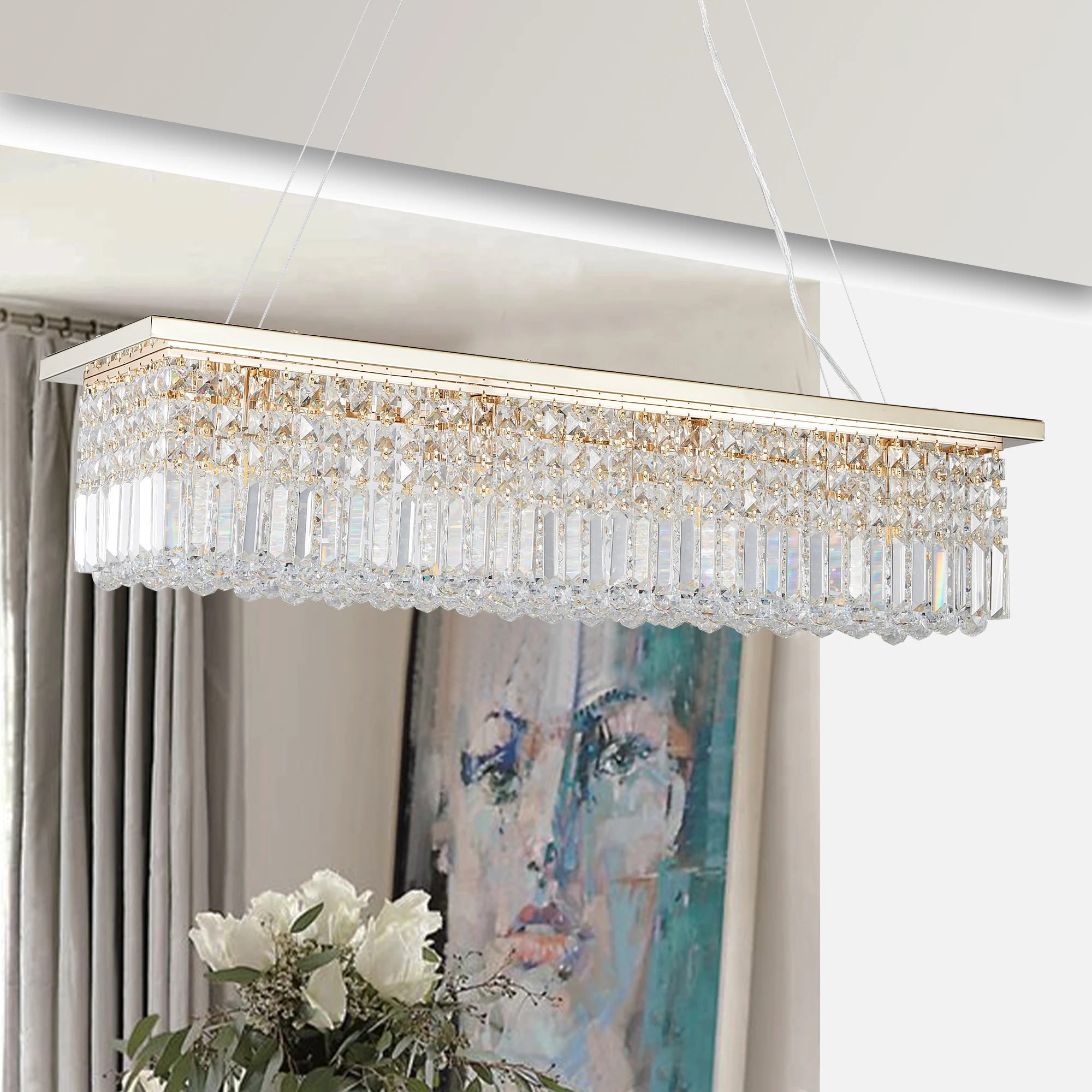 Hanging rectangular crystal luxury chandelier, modern design gold raindrop shaped crystal chandelier for dining room living room