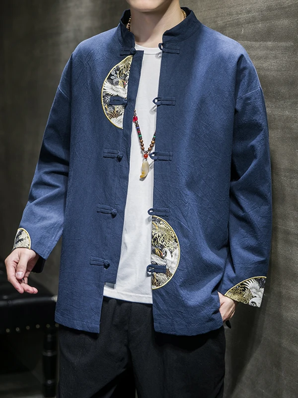 

Chinese Embroidered Cotton Linen Men's Jacket Tang Suit Long Sleeve Youthful Monastic Style Retro Fashion Outerwear Coat