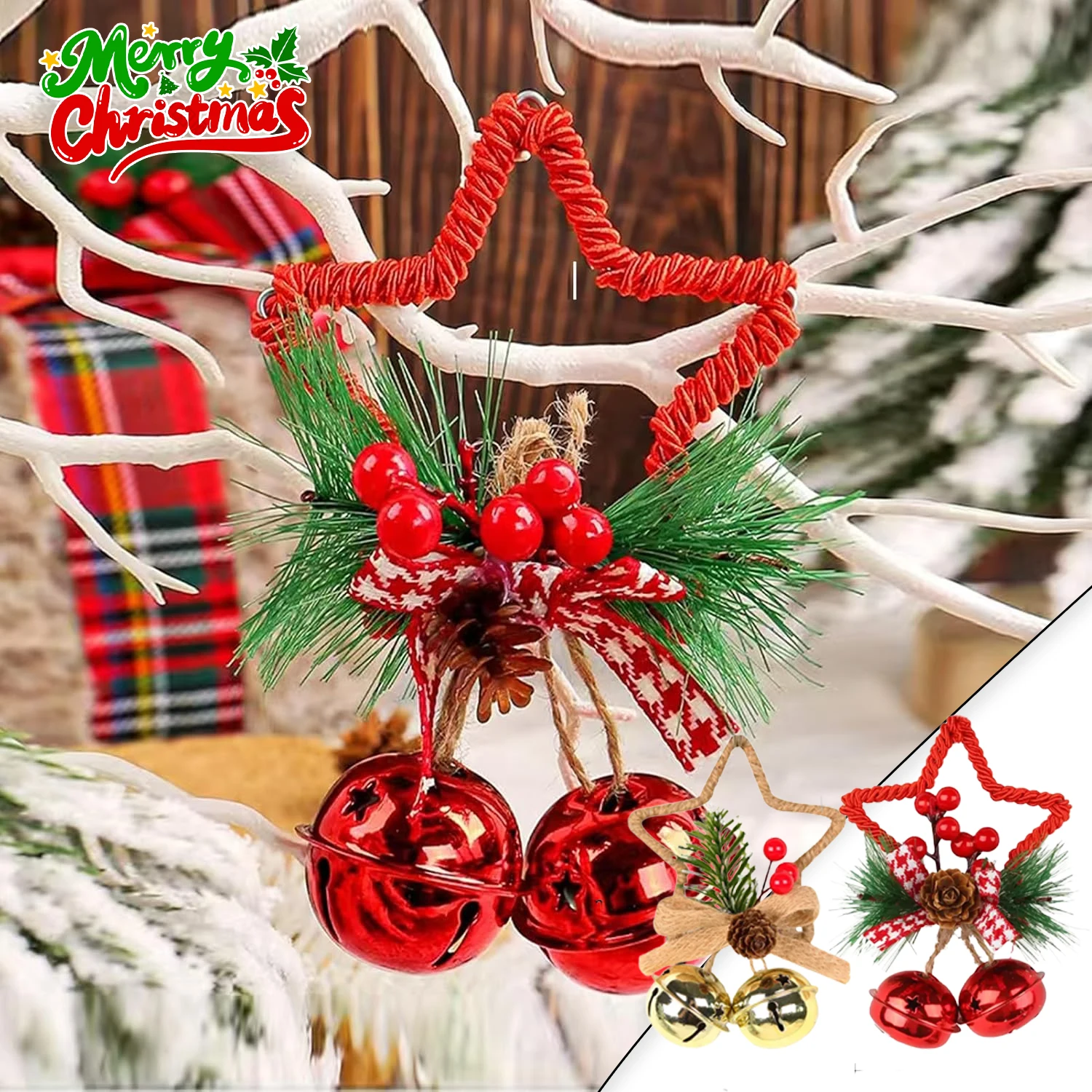 Five Pointed Star Bell Accessories Christmas Decorations Pendant DIY Tree Decor Bow Knot Bell Window Decoration Props