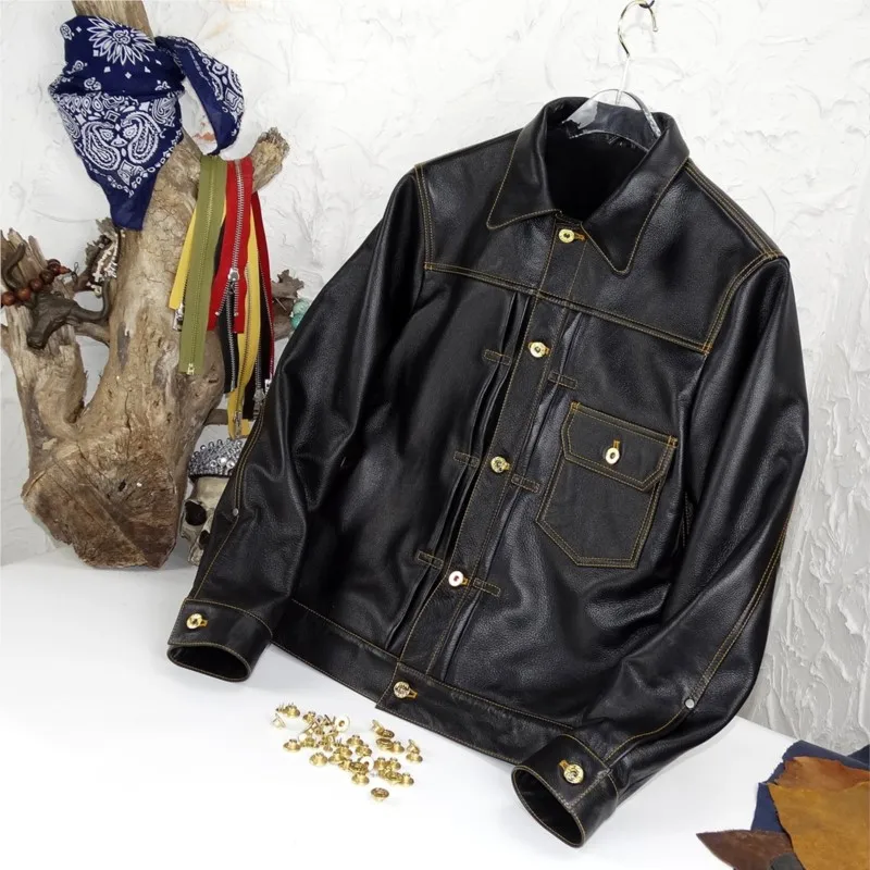 

improved version with contrasting color lines golden buttons cowhide leather men's coat