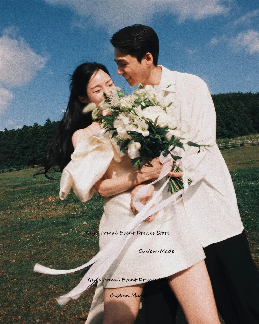 Giyu Fairy a-line corea abito da sposa servizio fotografico scollo a barchetta drappeggiato Mini-lunghezza sopra il ginocchio smilesull eslimayles Vestidos Novias Boda