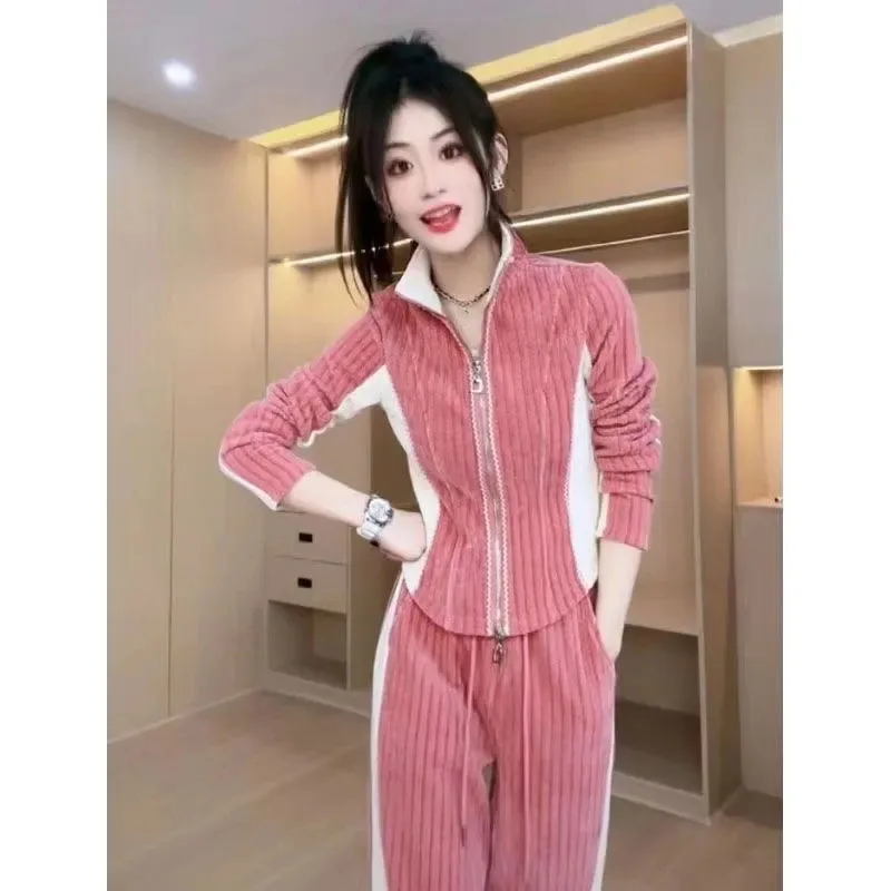 Women Color Blocking Tracksuit Sets Outfit Autumn Female Large Size 4XL Sport Suit Ladies Zipper Style Two Piece Casual Suit Set