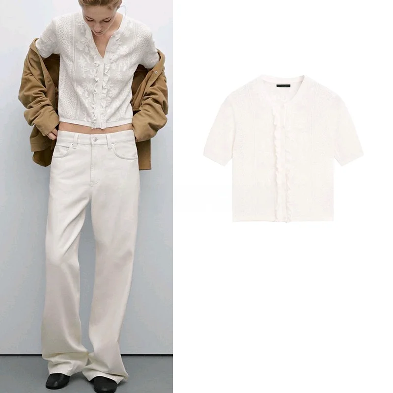 

Romantic Style Women's Knitted Lace round Neck Short Sleeve Open Front Shirt Spring Summer New Arrival Slim Fit Polyester Fiber