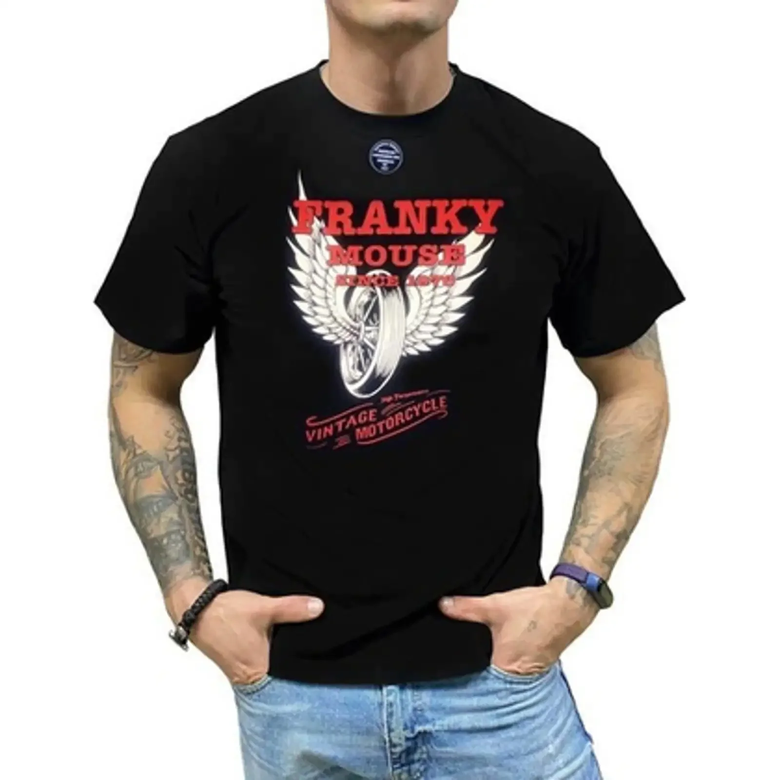 Franky Mouse Vintage Motorcycle T Shirt Wheel with Wings S Black vintage Washed Breathable homme Versatile Slightly Casual