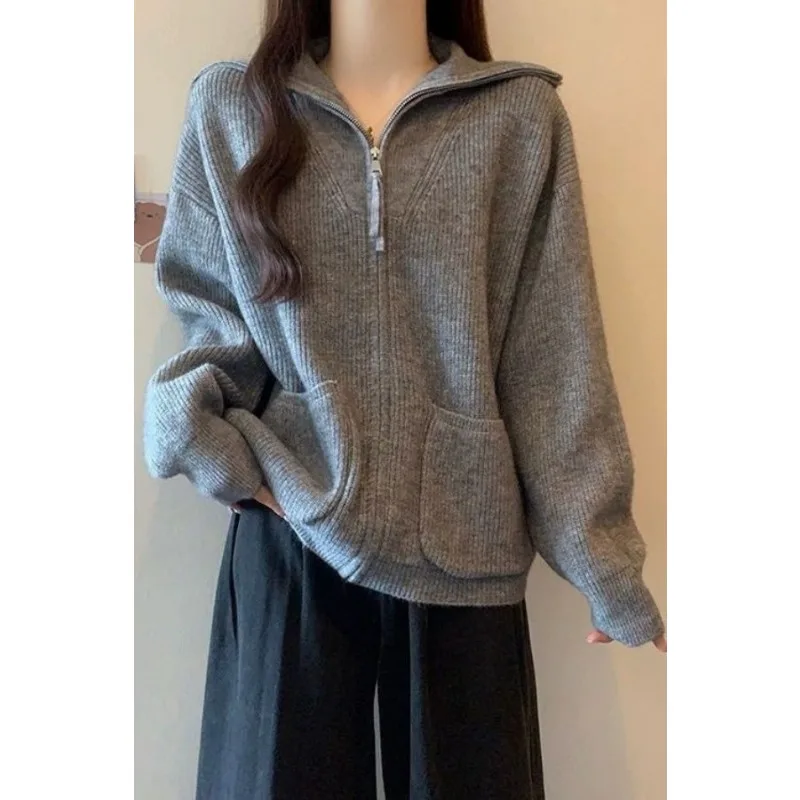 

Серый утолщенный свитер на молнии с лацканами для женщин, осенне-зимний новый свободный вязаный кардиган в ленивом стиле, топ