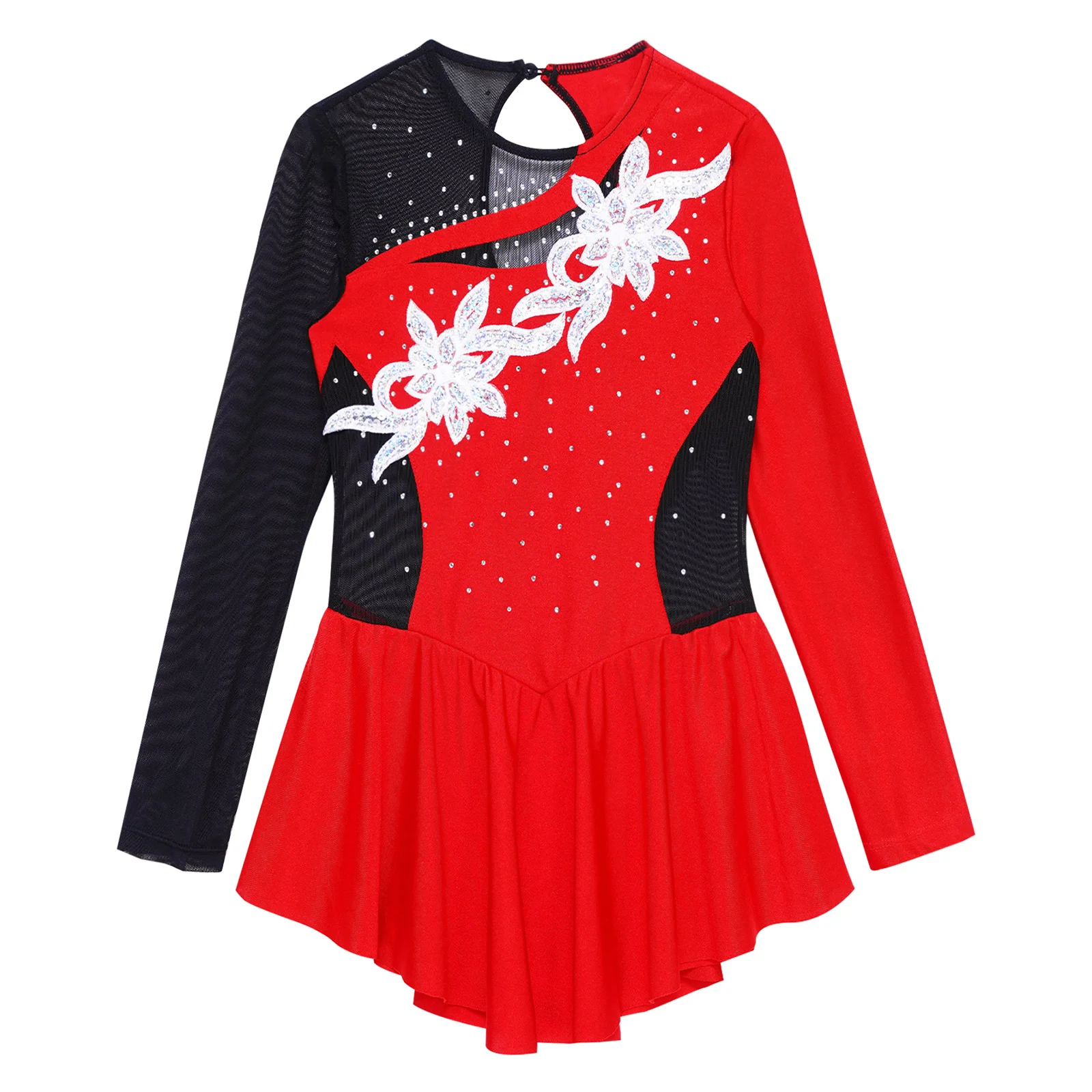 Girls Shiny Rhinestone Artistic Figure Skating Ballet Lyrical Dance Dress Flower Rhythm Gymnastics Skirted Leotard Tutu Dress