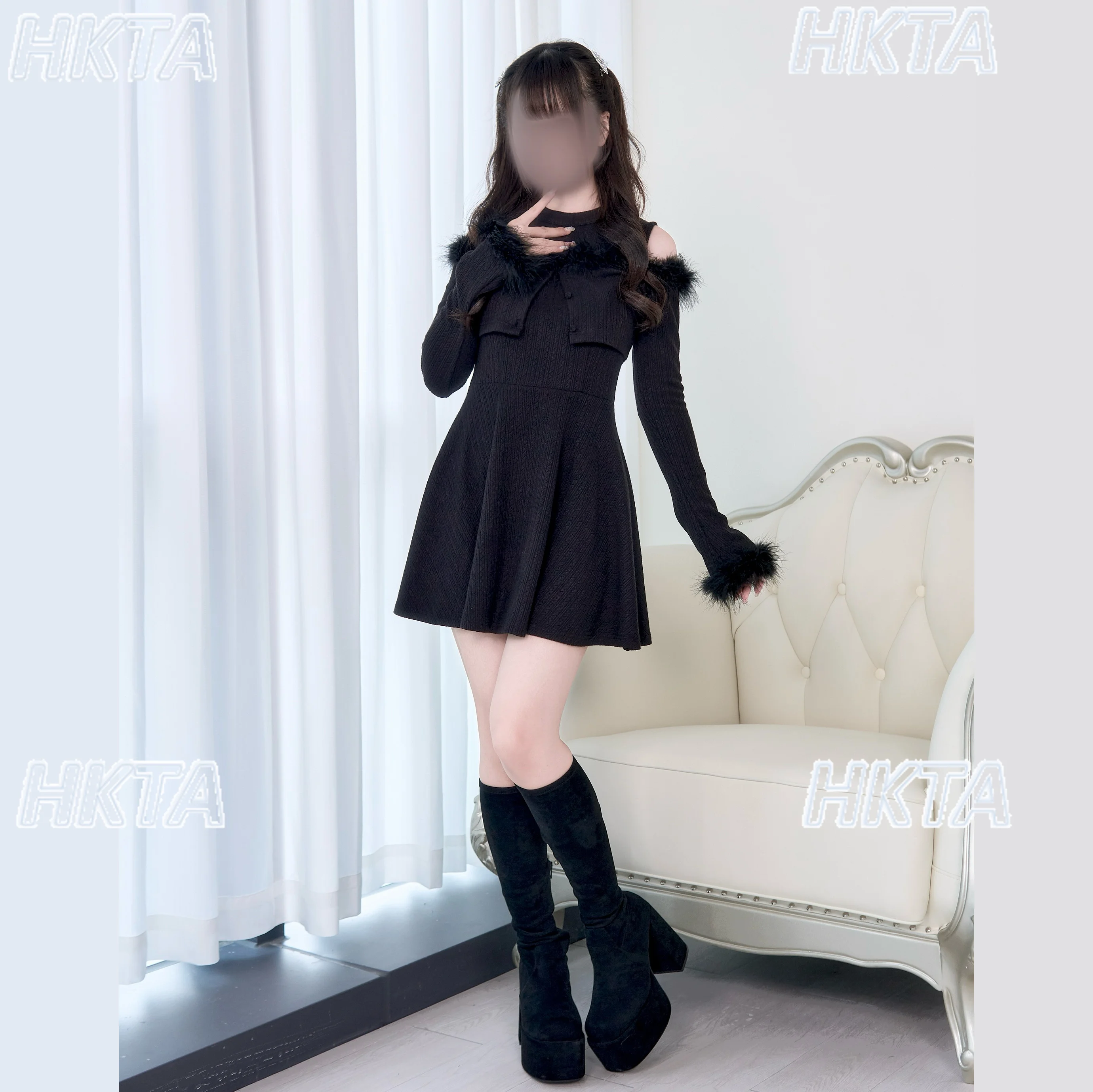 اليابانية رقيق محبوك فستان قصير الخريف تخفيف الحلو أنيقة جولة الرقبة قبالة الكتف أعلى مطوي الخصر فستان أسود مجموعة النساء #3