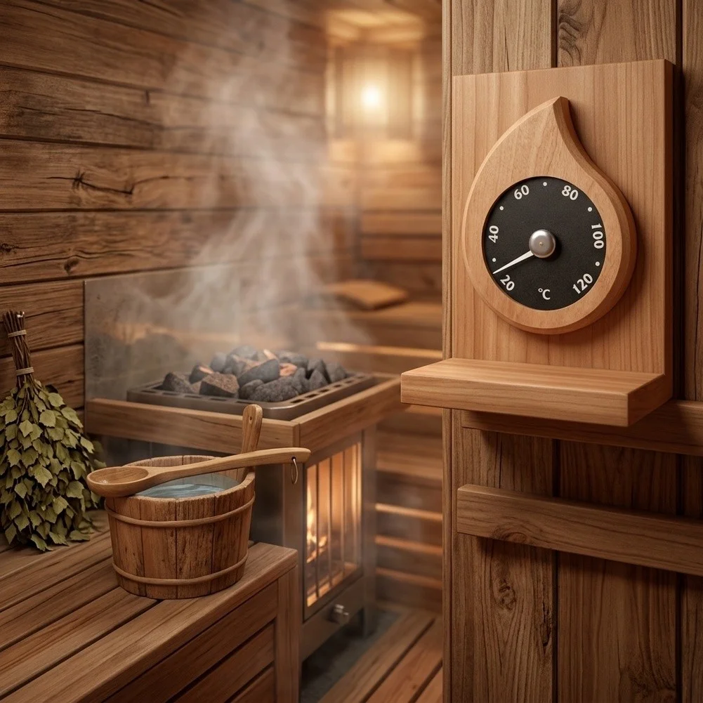 Sauna Thermometer Composed of Natural Wood for Fahrenheit Use with Attention to Number Scale and Humidity-Enduring Frame
