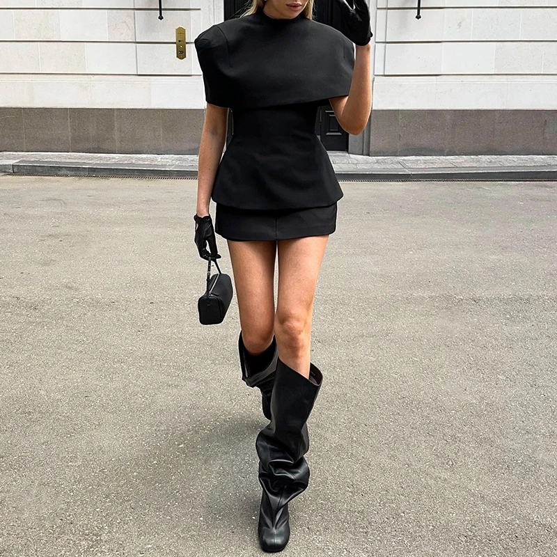 Elegant 2 Piece Outfit Mock Neck Slim Fit Blouse With Cape Shrug Shoulder Wrap Formal Party Women Two Piece Top Set view 4