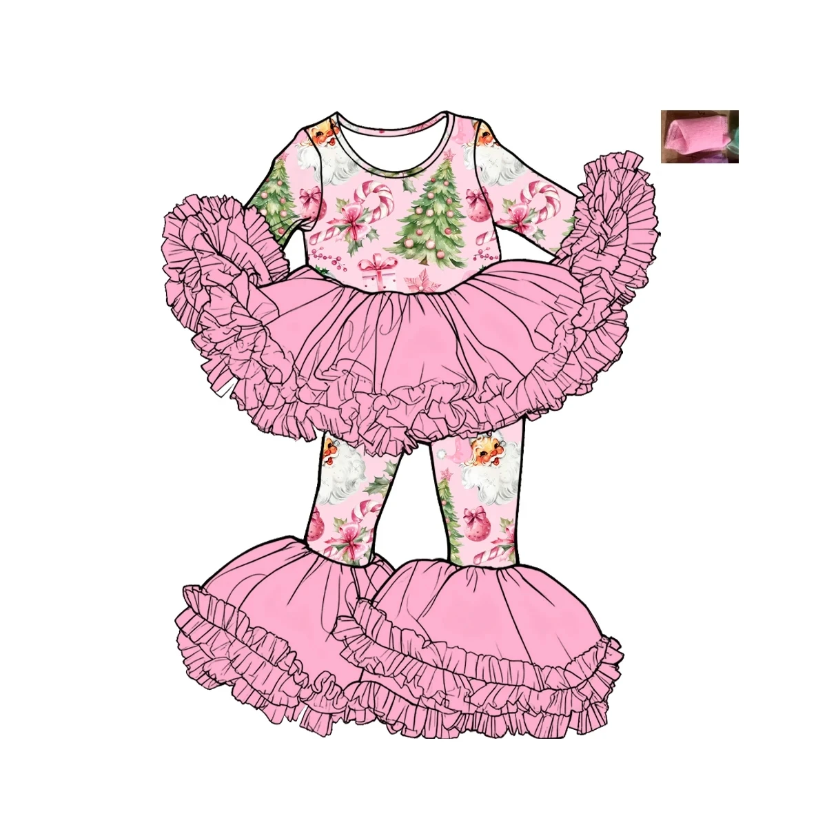 

Hot-selling Girl Pink Tutu Outfit Ruffled Mesh Bell Pants Set Santa Claus Floral Print Long Sleeve Children Christmas Clothing