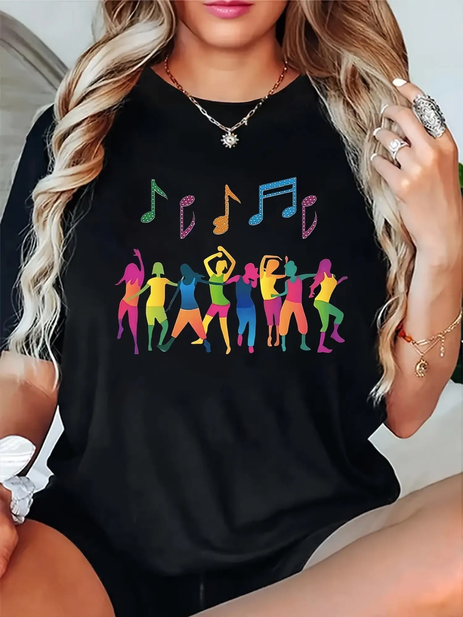 

Soft T-ShirtSoft Breathable Women's Music Note Dancer Silhouette Print T-Shirt 100% Round Neck Short Sleeve Casual Summer Top