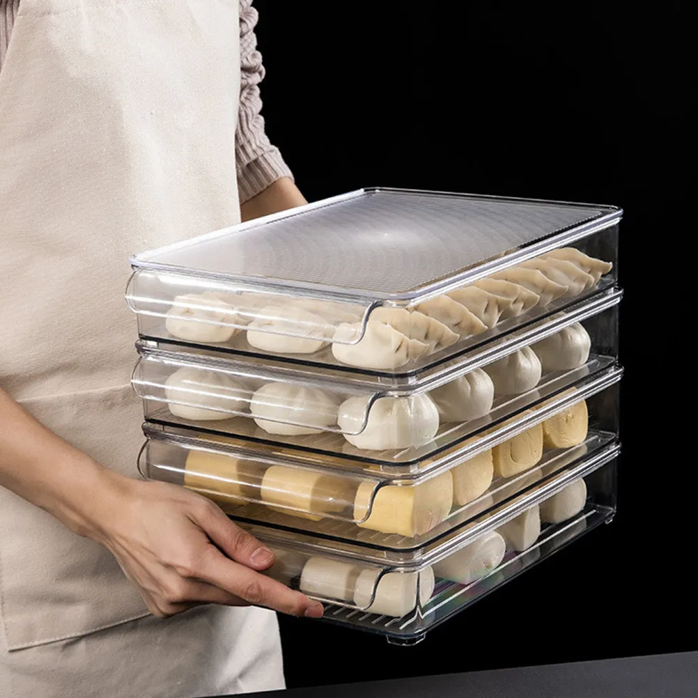 Pet Transparent Refrigerator Storage Box for Dumplings Steamed Buns Noodles Non-Slip Striped Surface with Lid Reusable Food