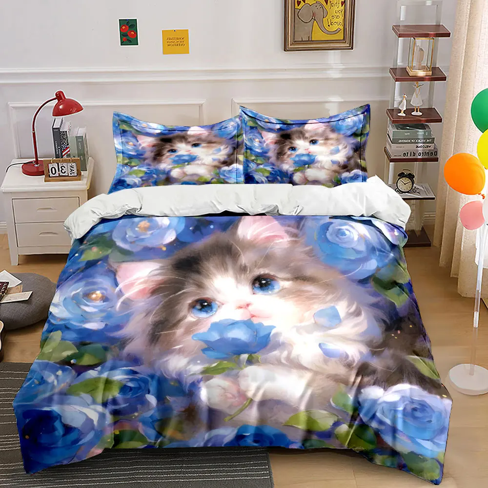 

Cute Fluffy Cat with Blue Roses Print Bedding Set 1 Duvet Cover 2 Pillowcases for Adult and Children Luxury Gift Full Size