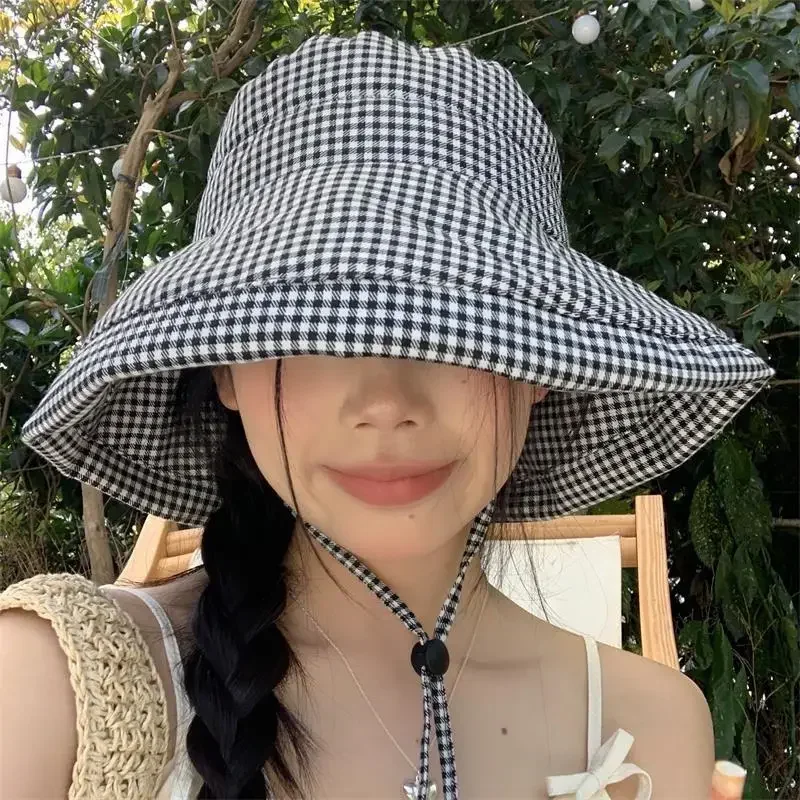 Korean Ins Plaid Big Bucket Hat Fashion Fresh Outdoor Travel Versatile Hat Women Summer Large Brim UV Sun Protection Leisure Cap