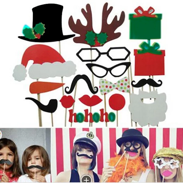 17pcs Funny Photo Booth Props Set Moustache Glasses Red Lips Deer Horn Santa Hat Sticks Christmas Wedding Party Graduation