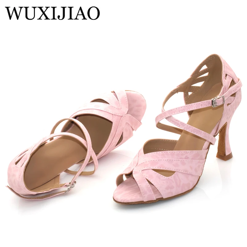 أحذية الرقص اللاتينية WUXIJIAO باللون الوردي الفهد PU أحذية الرقص الاجتماعي النسائية أحذية الرقص السالسا ذات النعل الناعم