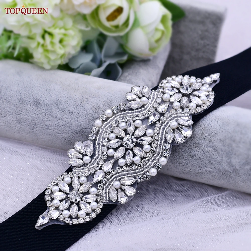 TOPQUEEN S05-B Fashion Women Black Elastic Belt All-match Rhinestones Pearls Female Party Dress Gown Daily Adult Waistband