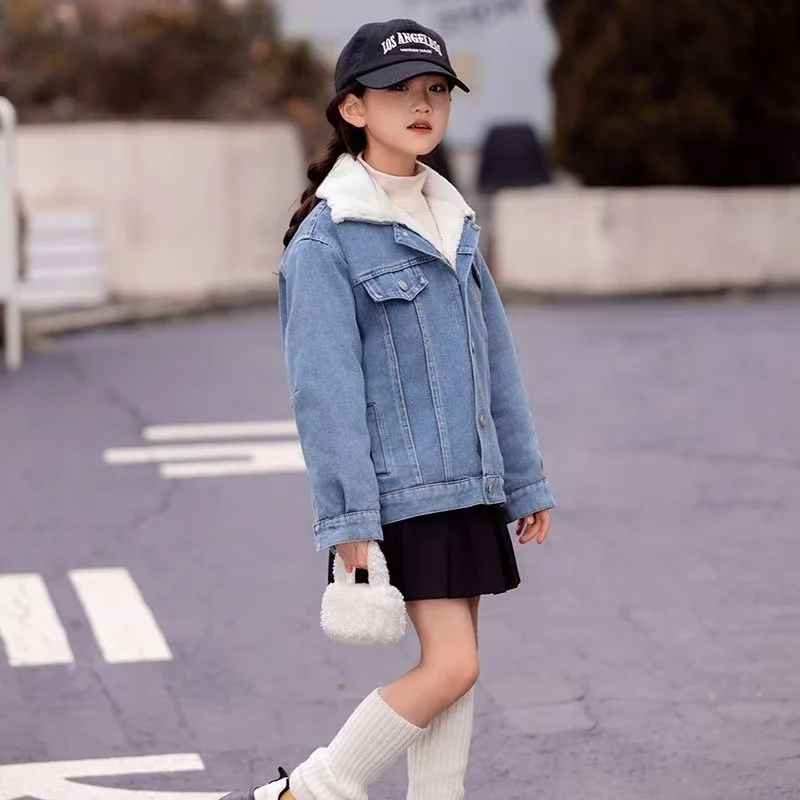 2026 New Autumn And Winter Boys' Long Sleeved Lapel Imitation Denim And Velvet Jacket Fashionable Casual Jacket