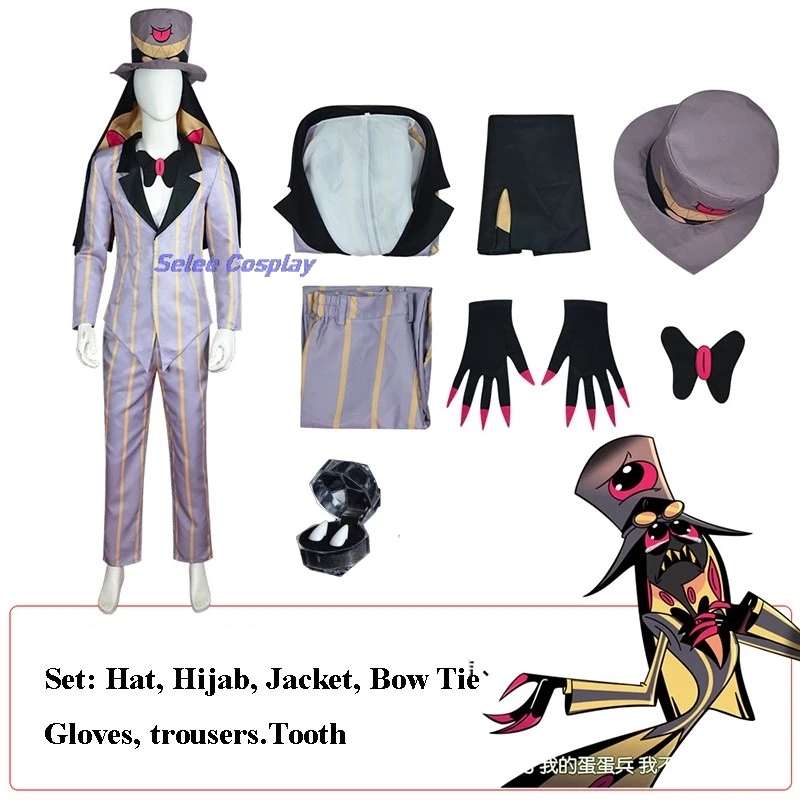 Hazbin Sir Pentious Cosplay Costumes Hat Hotel Suit Snake Anime Uniforms Clothes Demon Cosplay Tooth Halloween Party Mens Outfit