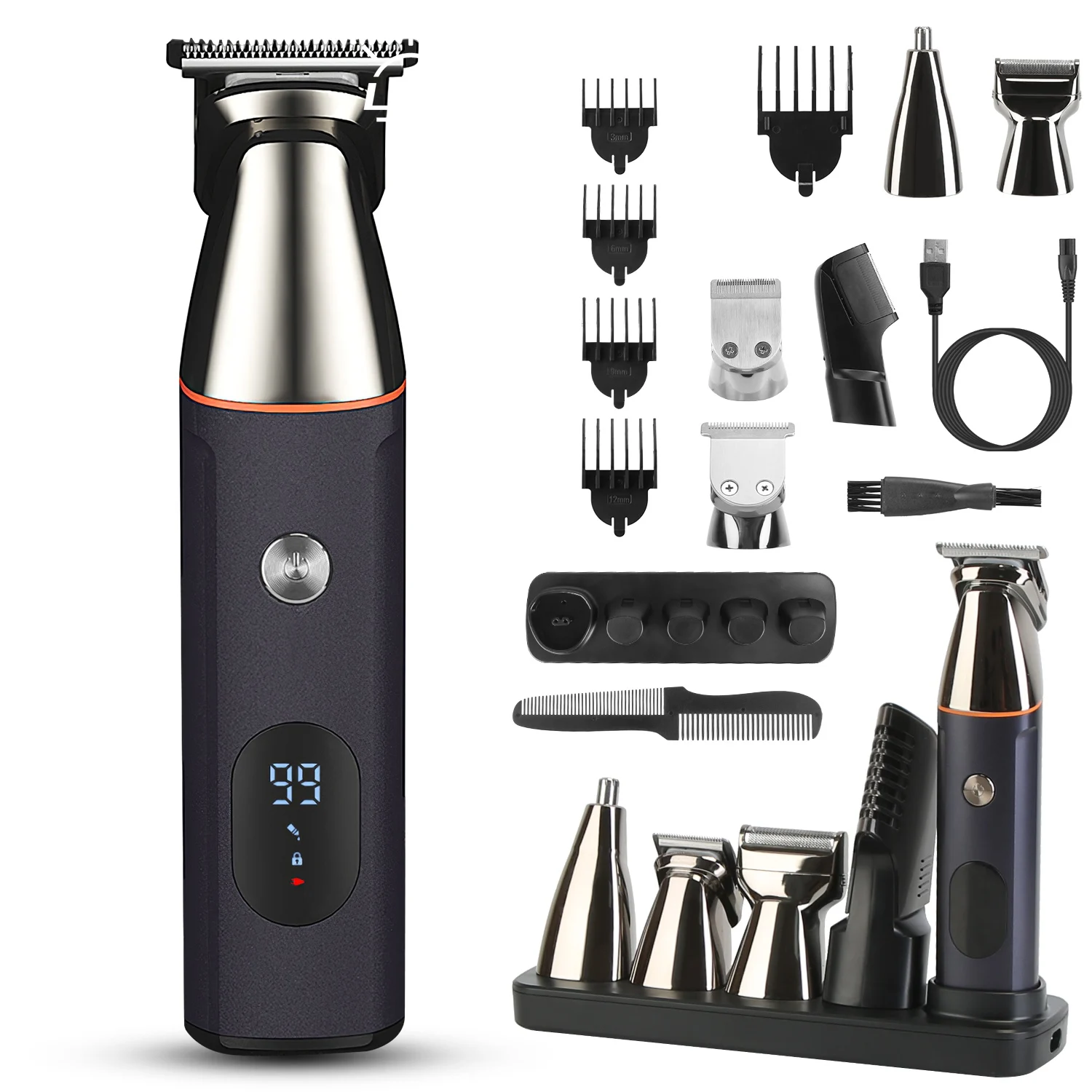 

1Set All In One Beard Trimmer For Men Father's Day Gift With 5 Trimmer Heads IPX5 Waterproof Electric Razor For Face Nose Body Beard Cordless Hair Shaver Clipper Grooming Kit For Men Husband Father