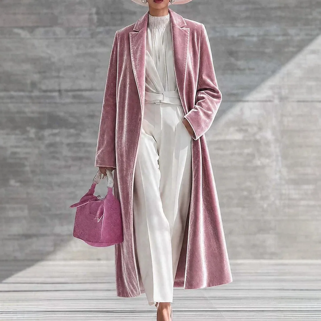 Winter New Velvet Long Coat Women Lapel Collar Open Front Maxi Outerwear Elegant Luxury Long Sleeve Casual Overcoat Streetwear