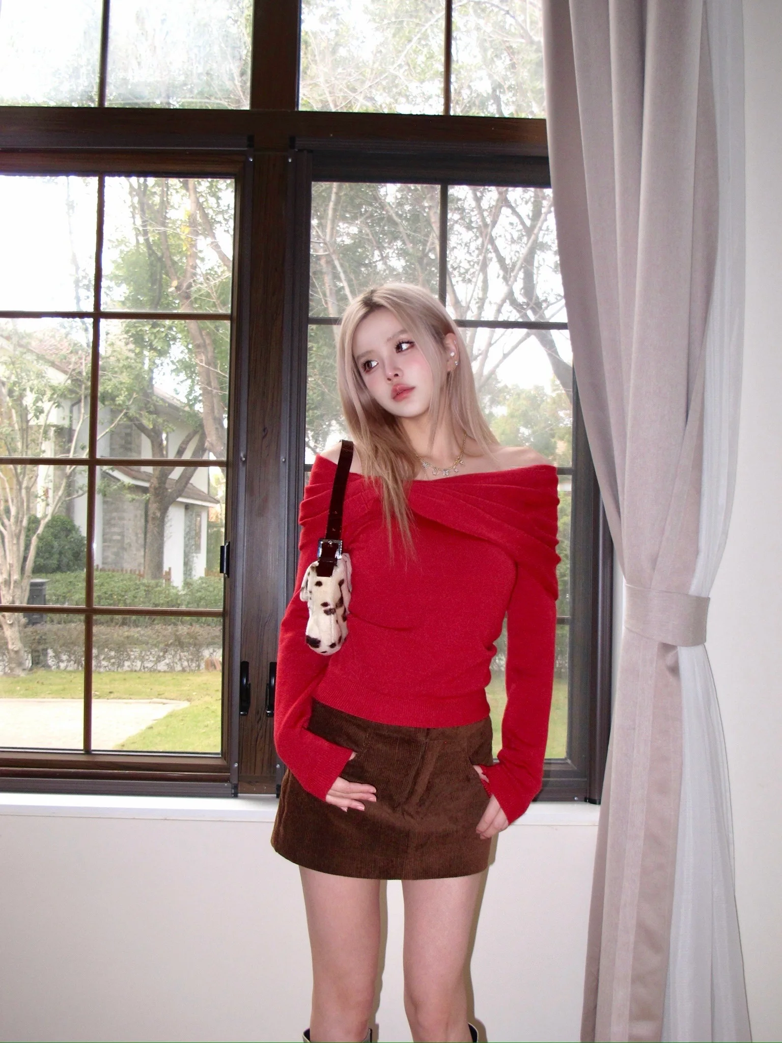 

MungsEraBella Red Knitted Slim Fit oulder Bared Sweater with Bow Tie for Women Long Sve Winter Faion Ladies Top