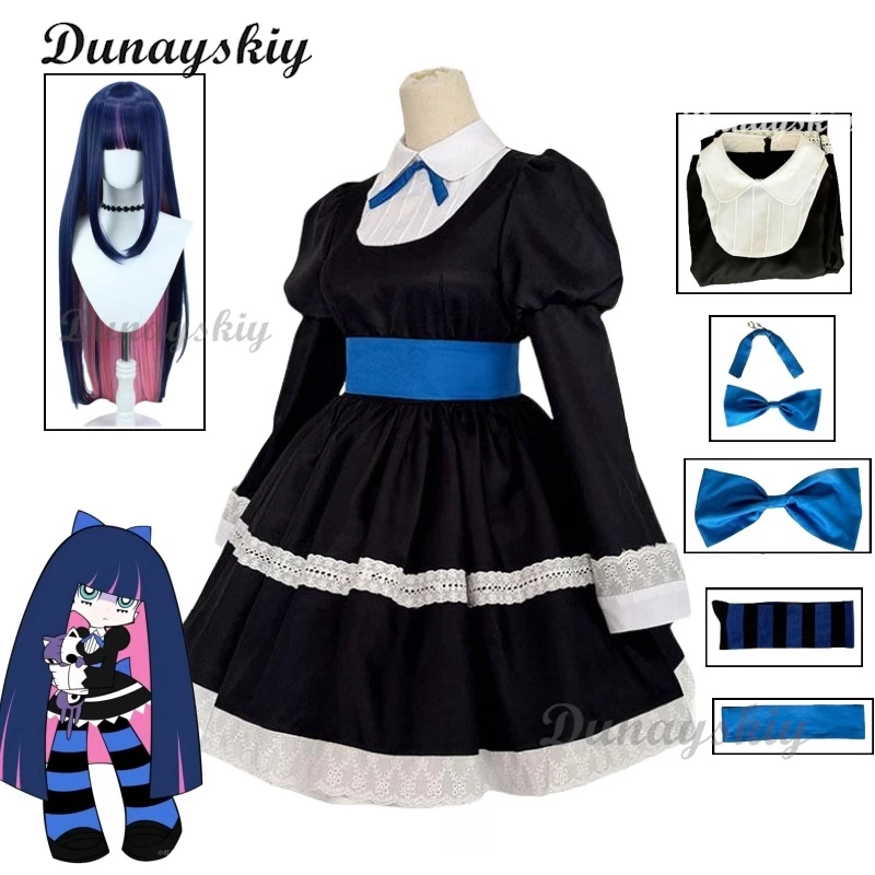 Anime Panty & Stocking Garterbelt Younger Sister Anarchy Stocking Cosplay Costume Gothic Maid Lolita Dress Wig Long Socks