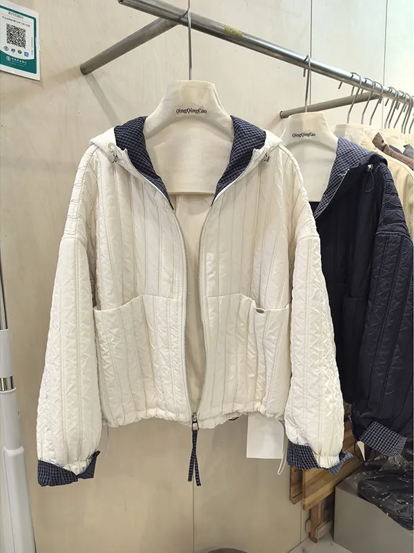 Casual Versatile Cotton Jacket Women's Plaid Splicing Design Autumn Winter Warm Thickened Zipper Closure Outerwear Coat