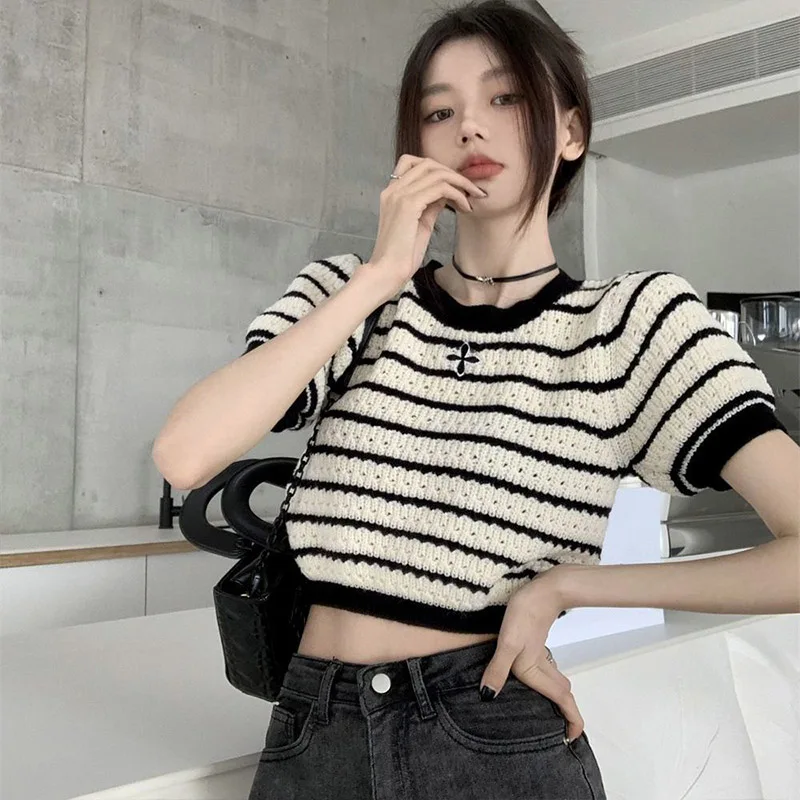 Women Clothing Cross Hollow Striped Sweater Summer New French O-neck Short Sleeve Knit T-shirt Casual Loose Chic Short Top Tees