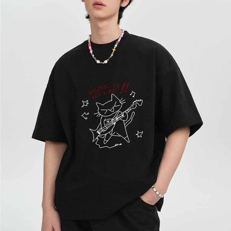 

Music Is My Life Cat printed T shirt Men Women Cute Cat Graphics Cotton short sleeve T-shirts Summer Fashion vintage tops Unisex