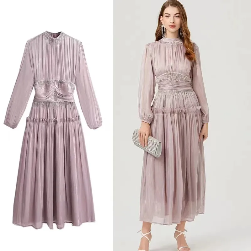 Luxury High Quality French Niche Desinger Diamond Spliced Pleats Bright Silk High Waist Women Long Sleeve Maxi Party Dresses