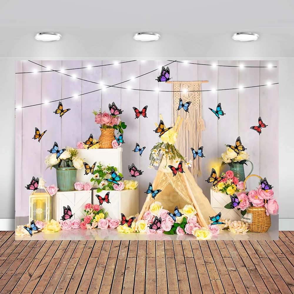 

Cartoon Butterfly Backdrop Photography Girl Birthday Party Flower Gold Dots Poster Baby Shower Photo Background for Photo Studio