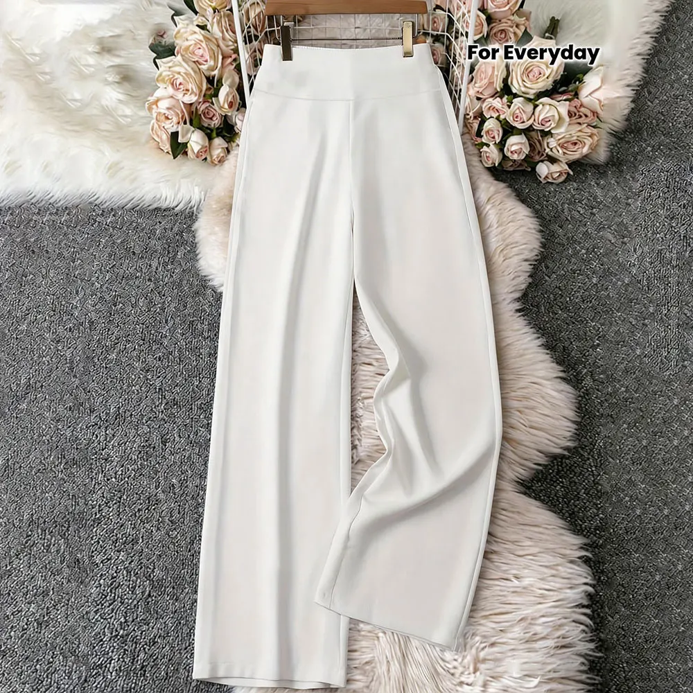 

Элегантные белые прямые брюки, эластичные, для офиса и повседневной носки, легко чистящиеся, повседневные широкие брюки, модная универсальная одежда