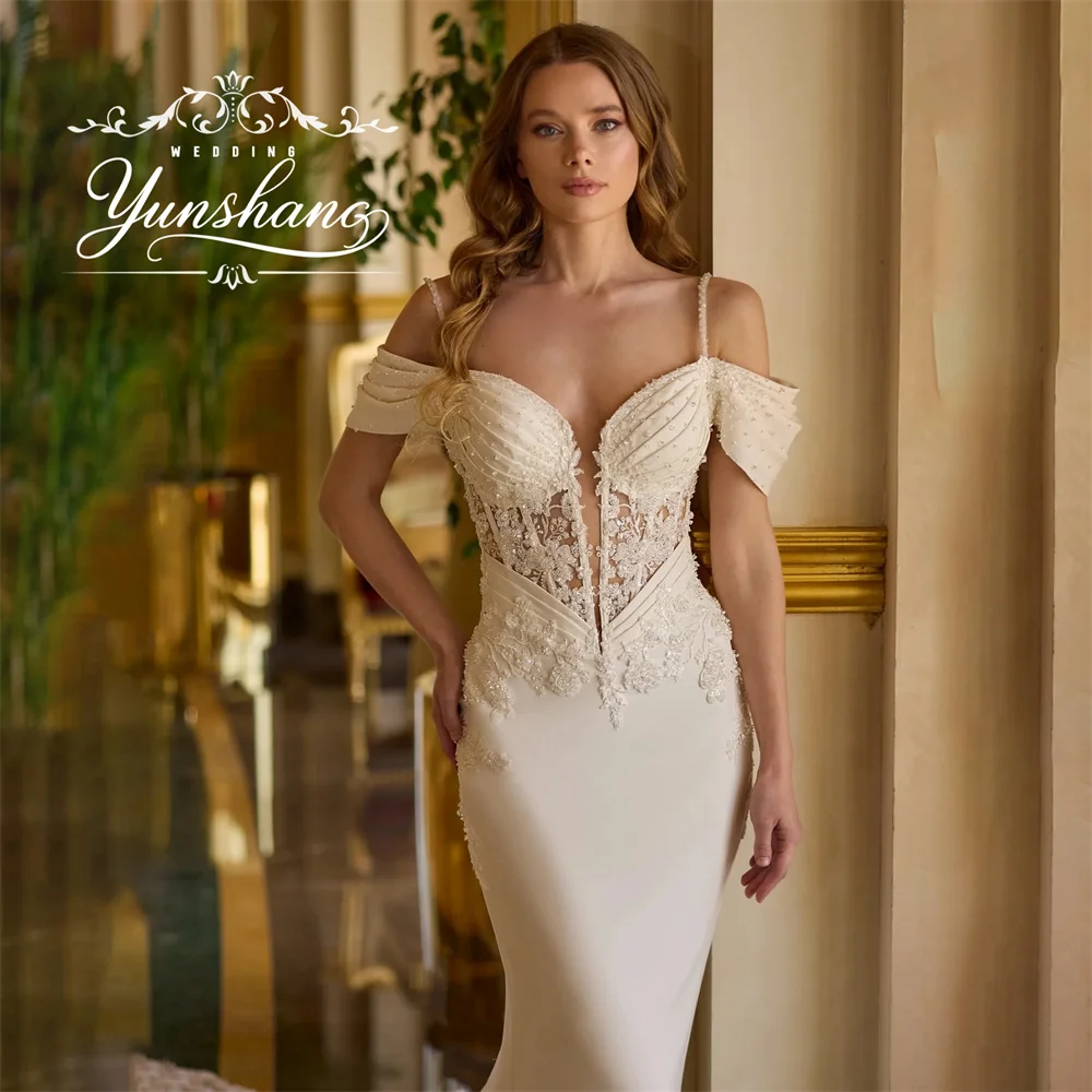 YunShang Customized Beading V-Neck Mermaid Wedding Dress Sweep Train Off Shoudler Appliques Embroidery Sequin Spaghetti Strap