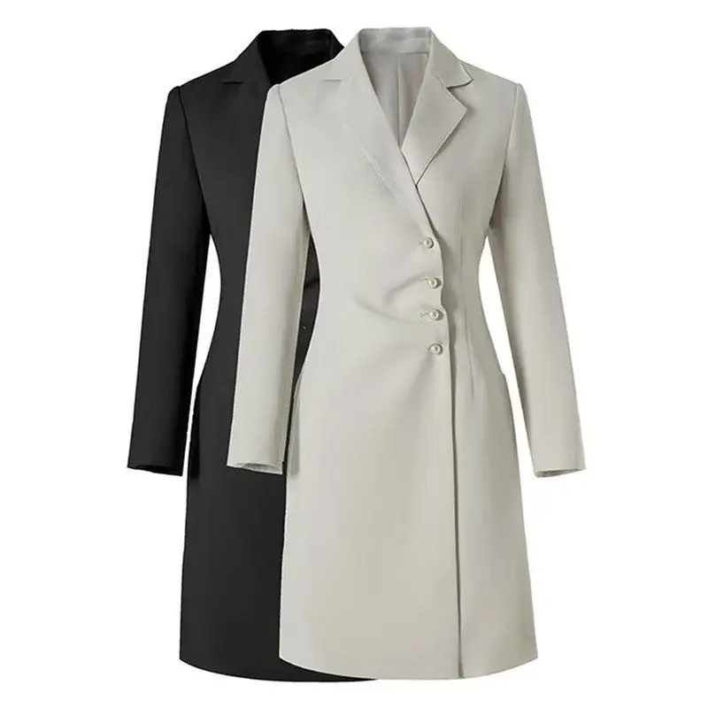 

2025 New Design Korean Style Women's Coat Gentle Elegant Long Commuter Windbreaker Button Detail Thin Long Sleeve Pure Color